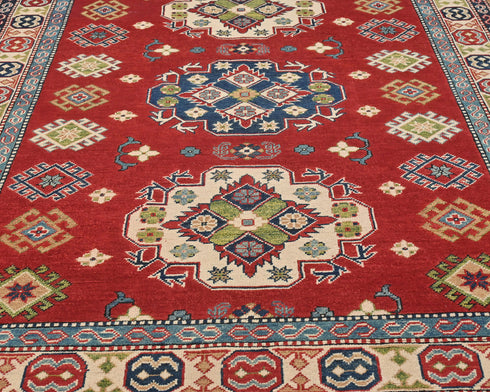 5x7 Red Kuba Afghan Hand Knotted Wool Area Rug